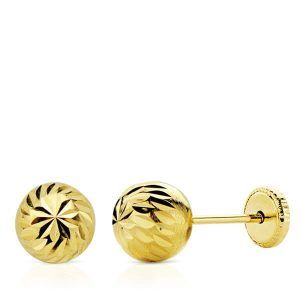 18K PENDIENTES ORO AMARILLO BOLA TALLADA 6 MM CIERRE TUERCA - Imagen 1